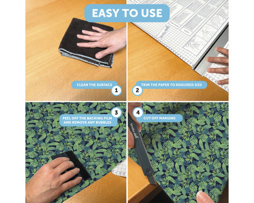 Anleitung zur einfachen Verwendung von Dekorfolie: Reinigen der Oberfläche, Zuschneiden des Papiers, Abziehen der Schutzfolie und Entfernen von Blasen, Abschneiden der Ränder.