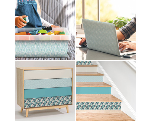 Collage mit Dekorfolie auf Aufbewahrungsbox, Laptop, Kommode und Treppe