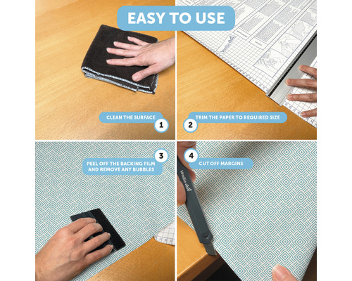 Schritte zur Verwendung einer selbstklebenden Folie: Oberfläche reinigen, Papier zuschneiden, Trägerfolie abziehen und Ränder abschneiden.