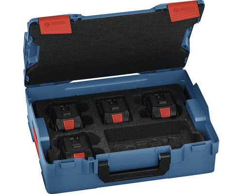 Geöffnete blaue L-Boxx mit vier Akkus und Schaumstoffeinlage
