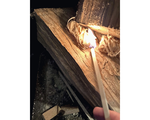 Ein Stück Holz wird mit einem Streichholz angezündet.