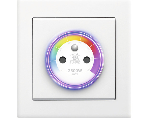 Intelligente Steckdose mit Farbanzeige und Fibaro Logo