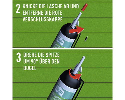 Anleitung zur Verwendung von Sista Dichtstoff für den Außenbereich: Lasche abknicken, rote Verschlusskappe entfernen und Spitze um 90 Grad über den Bügel drehen.