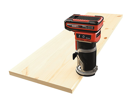 Einhell Akku-Oberfräse auf einem Holzbrett