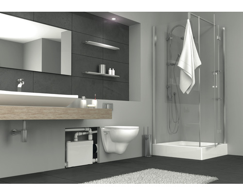 Modernes Badezimmer mit Dusche, Waschbecken und Toilette.