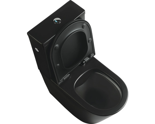 Schwarze WC-Keramik mit Spülkasten und offenem WC-Sitz