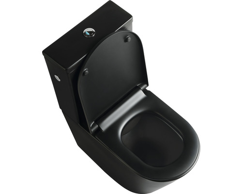 Schwarzes Stand-WC mit Spülkasten und offenem Toilettendeckel