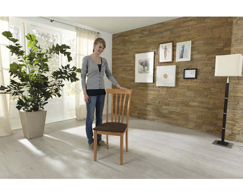 Wohnraum mit Holzstuhl, Zimmerpflanze und Wanddekoration