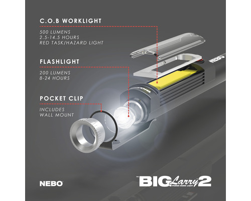 NEBO Big Larry 2 Arbeitsleuchte mit C.O.B. Arbeitslicht, Taschenlampe und Taschenclip