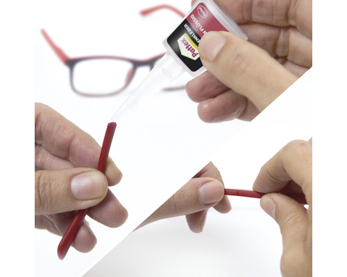 Eine Person repariert eine Brille mit Pattex Sekundenkleber flüssig.