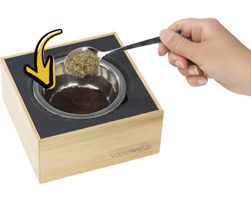 VapoWesp Verdampfer mit Pflanzenteilen und Löffel
