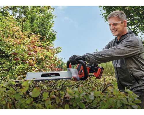 Mann schneidet Hecke mit einer Einhell Akku-Heckenschere