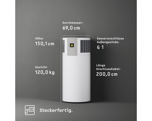 Warmwasserwärmepumpe mit den Maßen Höhe 150,1 cm, Durchmesser 69,0 cm, Gewicht 120,0 kg, Wasseranschluss Außengewinde G 1 und Anschlusskabellänge 200,0 cm