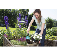 Frau pflanzt Blumen in ein Hochbeet mit einer Pflanzschaufel