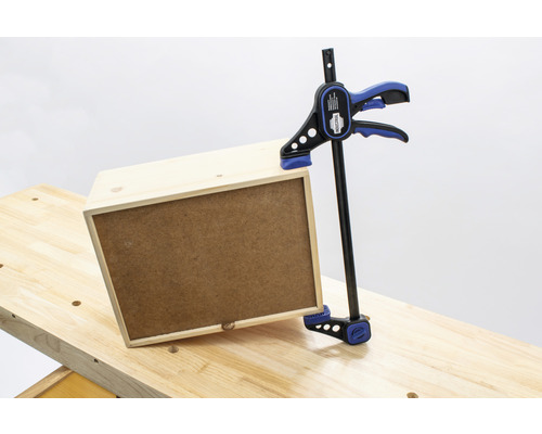 Holzkiste mit Schraubzwinge auf einer Werkbank
