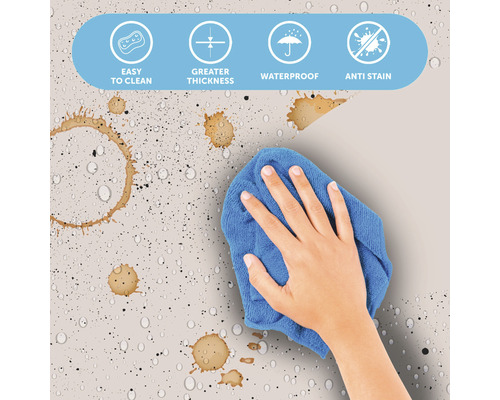 Reinigung einer verschmutzten Oberfläche mit einem blauen Tuch, hervorgehobene Eigenschaften: einfache Reinigung, hohe Dicke, wasserfest, schmutzabweisend