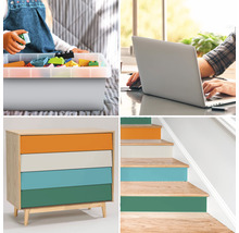 Collage verschiedener Heimwerkerprojekte: Kind mit Spielzeugkiste, Person am Laptop, Kommode mit farbigen Schubladen und farbig gestrichene Treppe