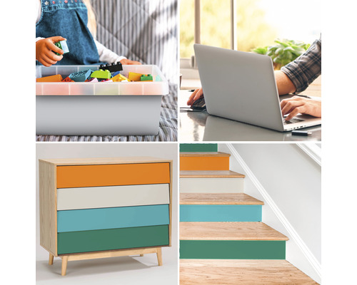 Collage verschiedener Heimwerkerprojekte: Kind mit Spielzeugkiste, Person am Laptop, Kommode mit farbigen Schubladen und farbig gestrichene Treppe