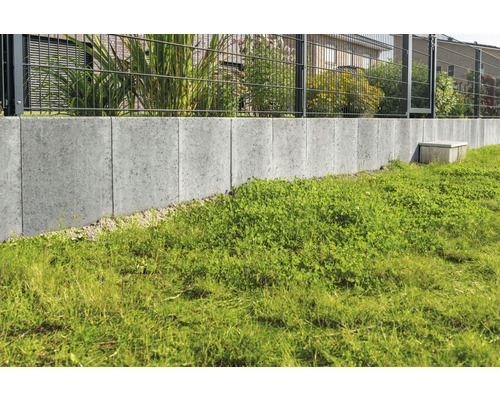 Betonmauer mit Metallzaun im Garten
