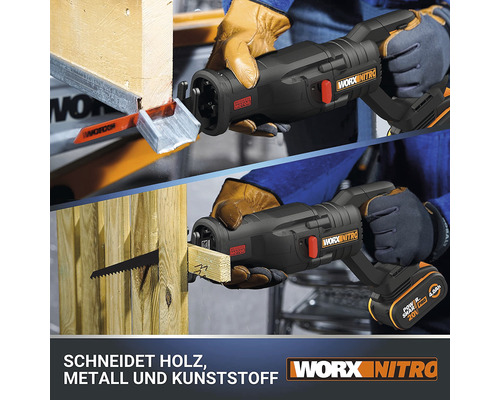 Akku-Säbelsäge beim Sägen von Holz und Metall