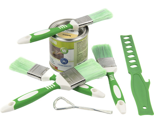 Farbloser Holzlack mit Pinselset und Werkzeug