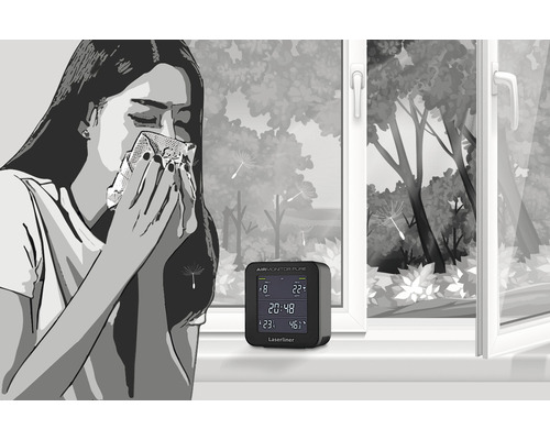Illustration einer Frau mit Heuschnupfen und einem Laserliner AirMonitor PURE Luftqualitätsmesser auf einer Fensterbank