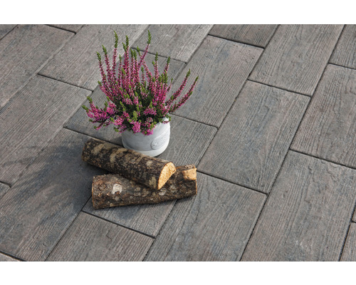 Verlegung von Pflastersteinen mit Holzstruktur, dekoriert mit einer Topfpflanze und Holzstücken