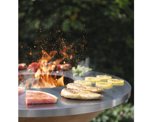 Grill mit Hähnchen, Ananas und Wassermelone auf Grillplatte