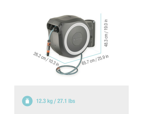 Gardena Wand-Schlauchbox mit Gartenschlauch und Maßen