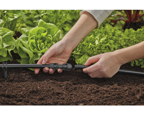 Person verbindet Bewässerungssystem im Gartenbeet