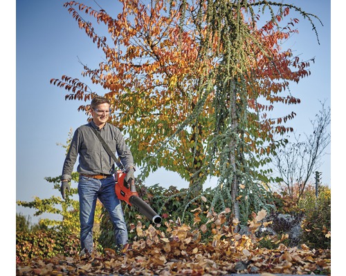 Mann benutzt einen Laubbläser zur Gartenarbeit.