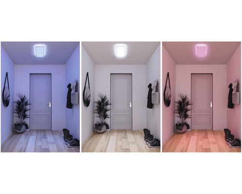 Drei Darstellungen eines Flurs mit einer quadratischen Deckenleuchte in unterschiedlichen Farben