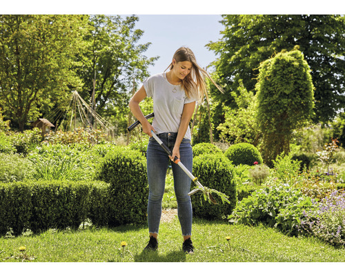 Frau benutzt einen Unkrautstecher im Garten.