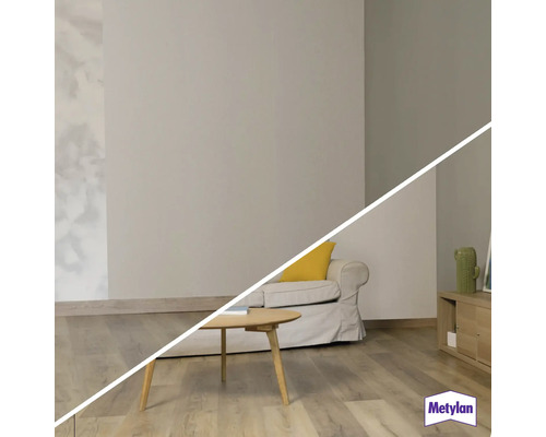 Wohnzimmer mit Wandfarben im Vergleich und MetyLan Logo