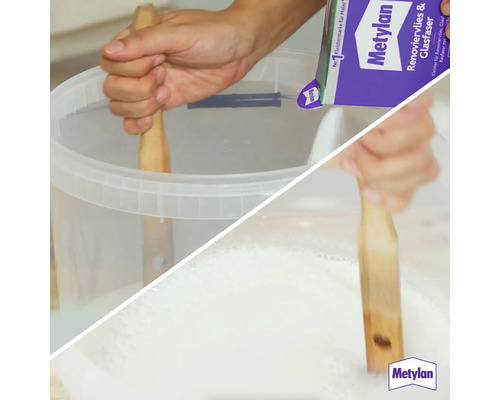 Anrühren von Metylan Renovierflies und Glasfaser Kleister in einem Eimer mit einem Holzstab