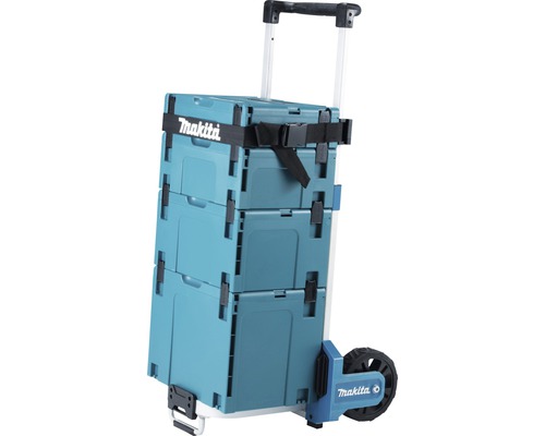 Makita Transportwagen mit drei Werkzeugkoffern und Spanngurt