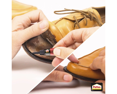 Eine Person repariert mit Schuhkleber einen Schuh.