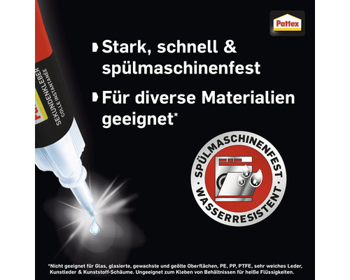 Pattex Sekundenkleber Eigenschaften: stark, schnell, spülmaschinenfest, für diverse Materialien geeignet
