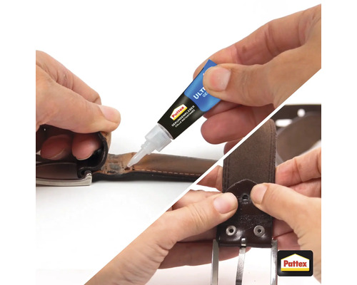 Anwendung von Pattex Sekundenkleber Gel zur Reparatur eines Ledergürtels
