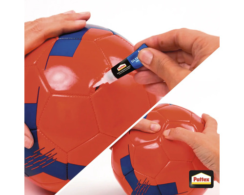 Eine Person repariert einen Fußball mit Pattex Sekundenkleber Gel