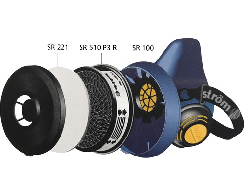 Explosionsdarstellung einer Atemschutzmaske mit Filtern SR 221, SR 510 P3 R und SR 100