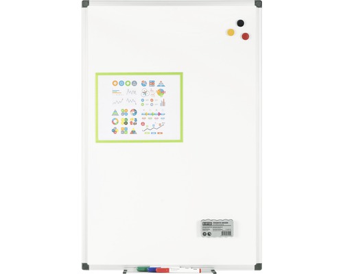 Magnetische, beschreibbare Whiteboardtafel mit Magneten, Stiften, Radiergummi und Diagrammen