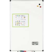 Magnetische Whiteboard-Tafel mit Magneten, Diagramm, Markern und Tafelwischer.