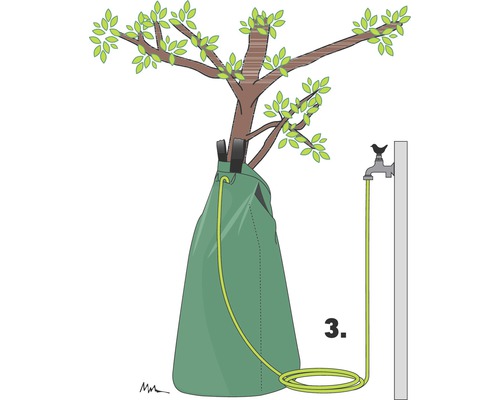 Illustration eines Baumes mit einem Bewässerungssack und einem angeschlossenen Wasserschlauch
