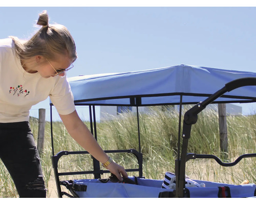 Bollerwagen mit Dach auf Sandstrand mit Frau