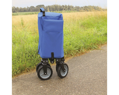 Blauer Bollerwagen mit vier Rädern auf einer Straße