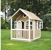 Spielhaus aus Holz mit Tür und Fenstern im Garten