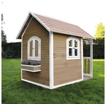Holzspielhaus mit Fenstern und Blumenkasten im Garten