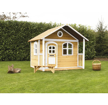 Holzspielhaus mit Bank und Veranda im Garten