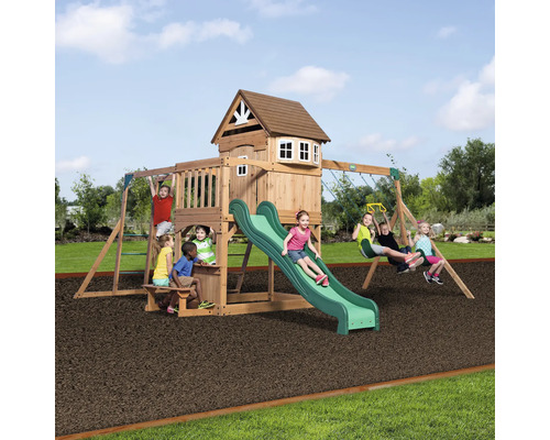 Spielplatz mit Rutsche, Schaukel und Spielhaus für Kinder